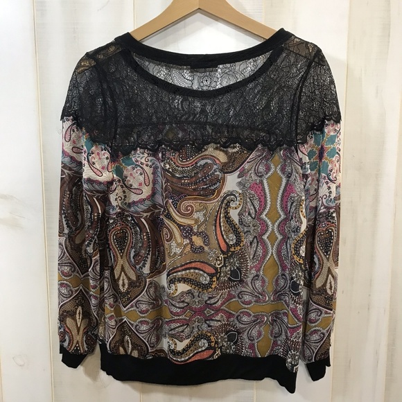 West Kei Black Lace Yoke Paisley Print Top Small - Picture 2 of 3
